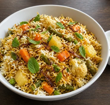 Veg dum biryani with carrots, beans, peas, potato and cauliflower at Bawarchi in Mississauga