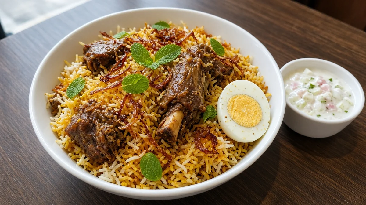 Hyderabadi goat biryani with bone-in goat, fried onions, mint and a boiled egg at Bawarchi in Mississauga