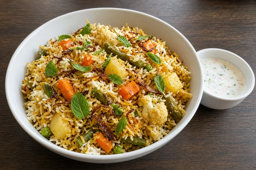 Veg dum biryani with carrots, beans, peas, potato and cauliflower at Bawarchi in Mississauga